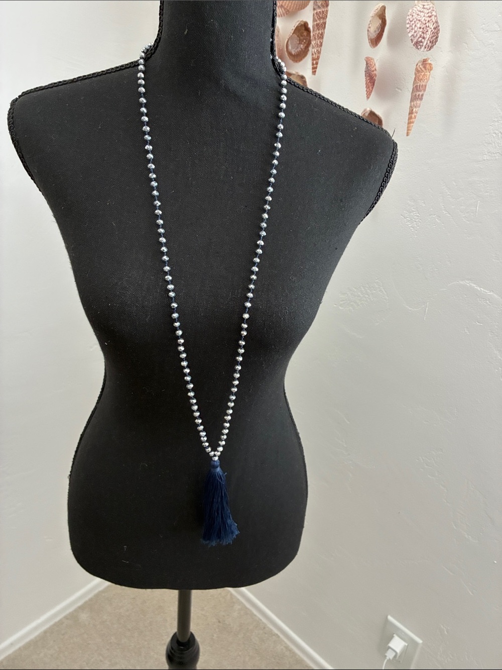 Long Navy Beaded Tassel Necklace - Women Jewelry